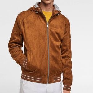 Zara Men's Faux Suede Brown Varsity Bomber Jacket w Hoodie Sz Medium